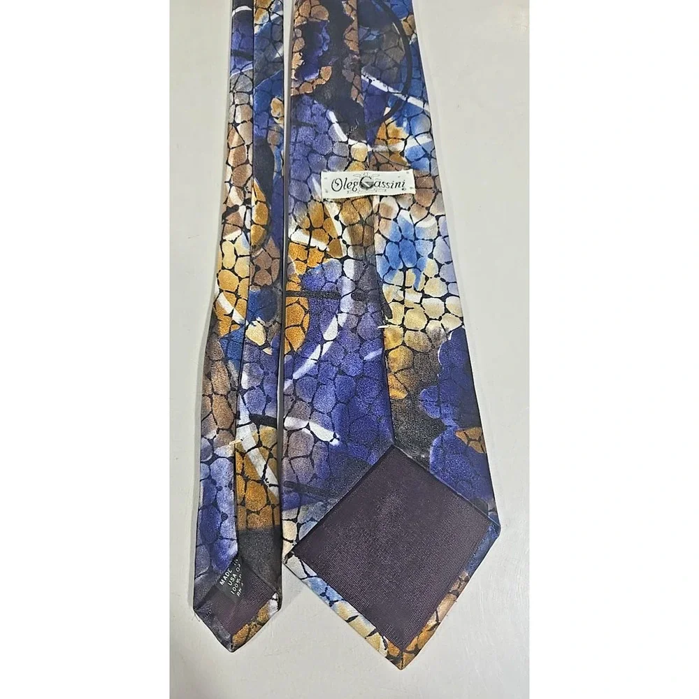 Oleg Cassini Blue Gold Abstract Floral Men's Tie Made USA